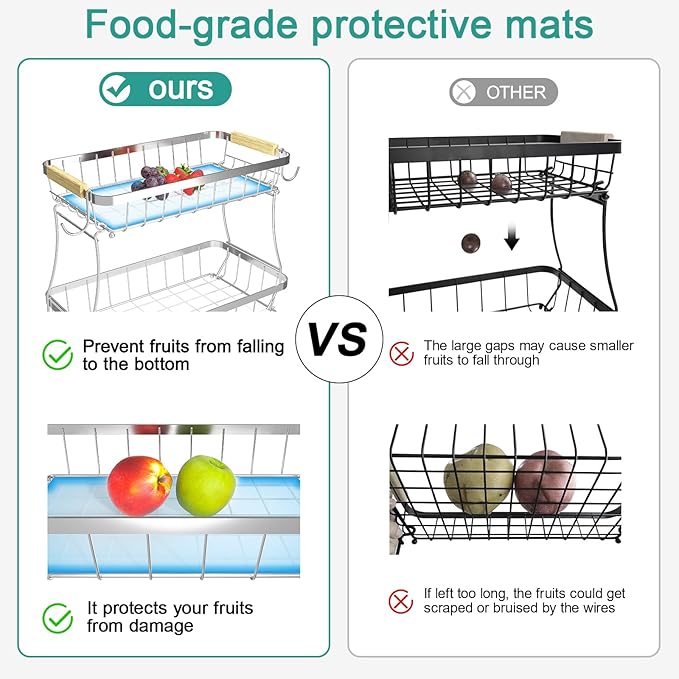 2 Tier Large Fruit Basket for Kitchen Counter with 2 Mobile Banana Hangers, 2026 Pro Detachable Metal Fruit Bowl with Wooden Handle (Silver, 2 Tier)
