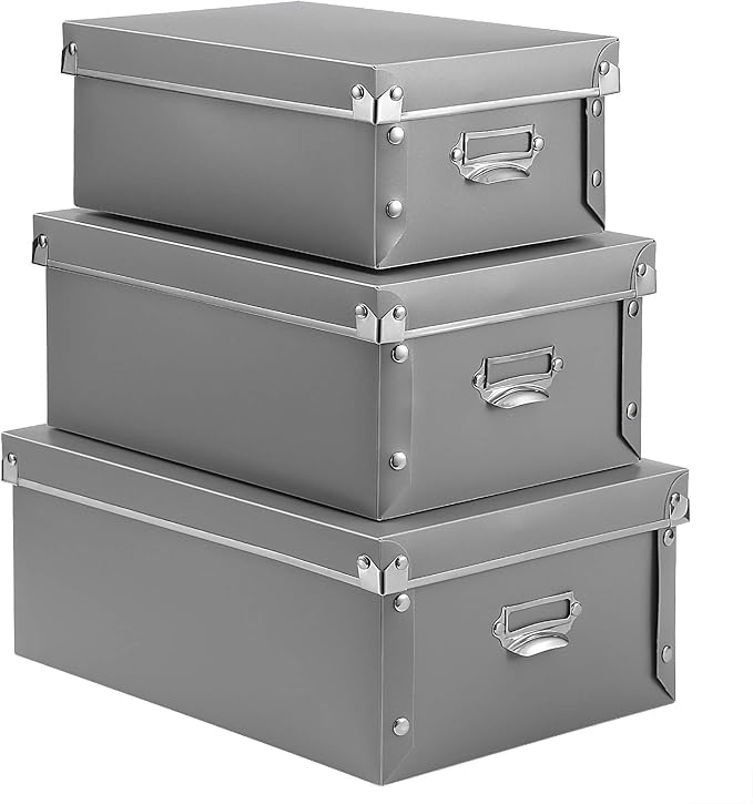 SEEKIND Storage Box, Decorative Storage Bins with Lid,3 in 1 Set,Plastic,with Handles,Press-Stud Fastening,Moisture-Proof,Foldable for Space Saving Storage,for Clothes, Cosmetic,Blankets (Grey) …