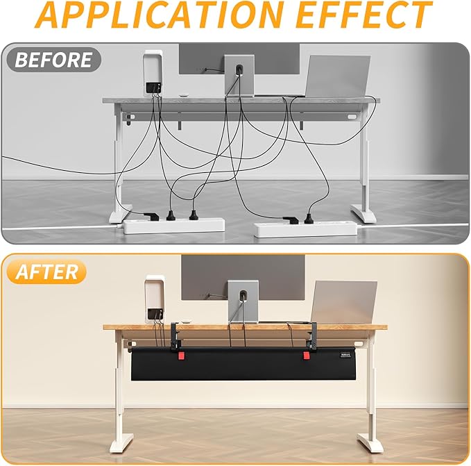No Drill Under Desk Cable Management Tray, 48" Cord Organizer with Clamp, Fabric Cable Management for Standing Desks, Ideal for Home & Office - Black