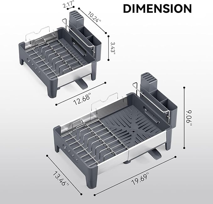 Expandable Dish Drying Rack, Stainless Steel Dish Rack with Aluminum Frame, Dish Drainer for Kitchen Counter, Space Saving Kitchen Drying Rack with Movable Utensil Holder,Gray
