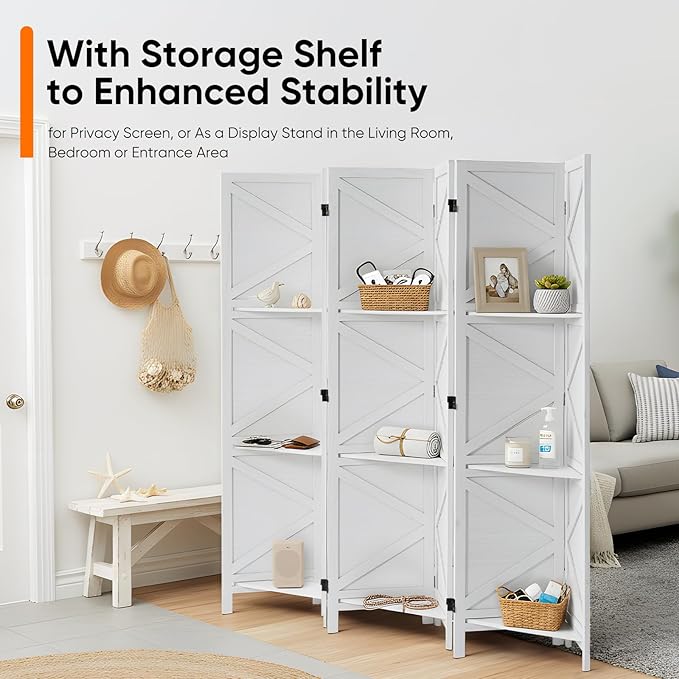 Modern Room Divider with Shelves, White X-Shape Design Folding Partition, 6-Panel Contemporary Freestanding Divider for Bedroom&Office, 67" H x 96" W