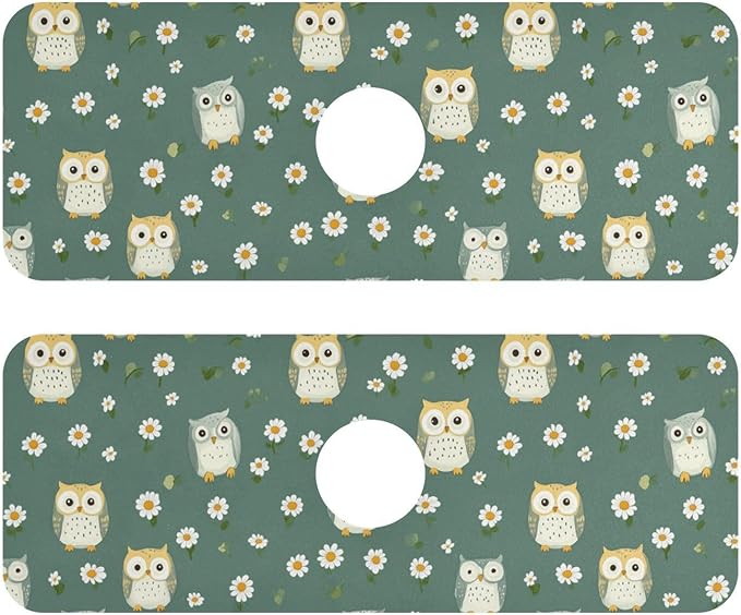 Kitchen Sink Splash Guard 2 PCS 14.7 Inch Sink Faucet Mat Splash Guard for Bathroom Countertop Water Absorbent Foldable Cuttable Soft Washable White Daisy Flower Owls