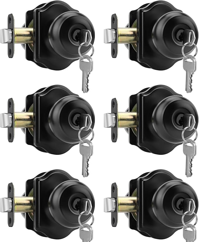 Haidms Keyed Entry Black Door Knob Interior, Exterior Locking Door Knobs, Matte Black Exterior Doorknobs with Lock and Key, 6 Pack