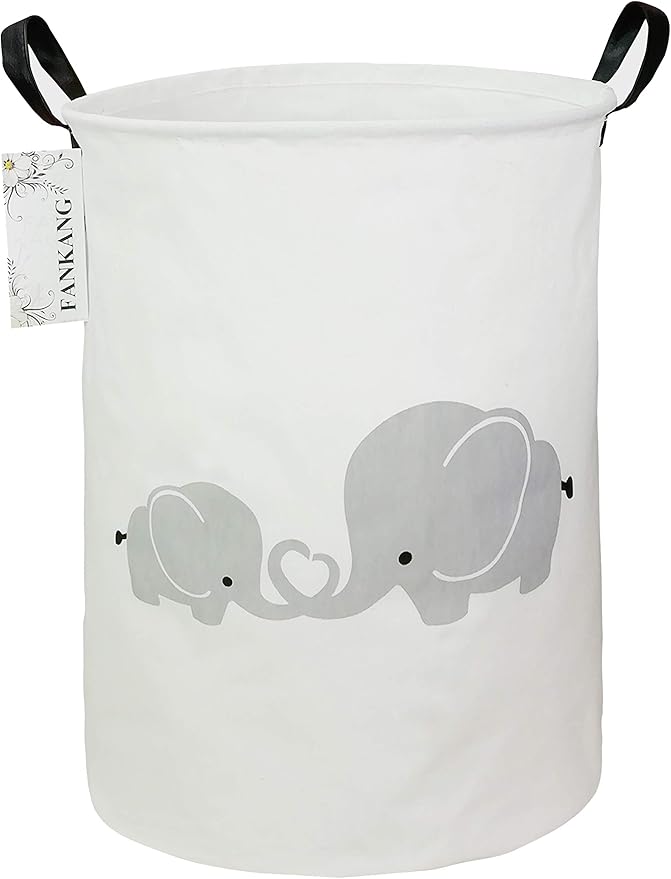 FANKANG Storage Basket, Nursery Hamper Canvas Laundry Basket Foldable with Waterproof PE Coating Large Storage Baskets for Kids Boys and Girls, Office, Bedroom, Clothes,Toys（Love Elephant）