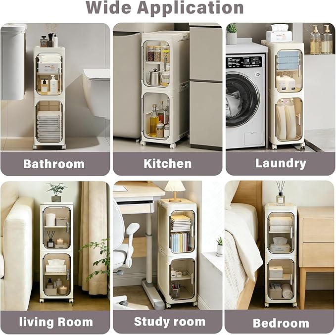 2-Tier Slim Bathroom Storage Cabinet, Narrow Storage Cabinet with Wheels, Adjustable Shelves, Magnetic Doors, Water-Proof, Anti-Tip Skinny Organizer Cabinet for Small Space, Cream White