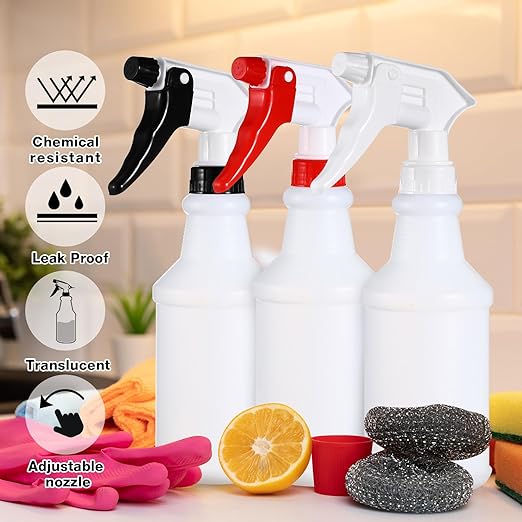 Yinder 18 Pcs 16 Oz Plastic Spray Bottle Bulk Empty Refillable Spray Bottles for Cleaning Solution Leak Proof Water Sprayer with Adjustable Nozzle Mist/Stream Mode(Black, White, Red)