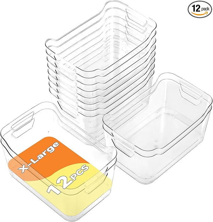 AntStep Clear Plastic Storage Bins - 12 Pack Pantry Organizers and Storage, Clear Pantry Organizer Bins, X-Large Plastic Containers with Handle for Kitchen,Freezer,Cabinet,Closet,Bathroom Under Sink