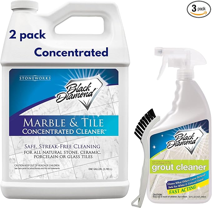 Black Diamond Stoneworks Marble & Tile Cleaner Gallon + Ultimate Grout Cleaner with Brush Quart (2-Pack) – Safe for Natural Stone, Deep Grout and Tile Cleaning to Restores Shine