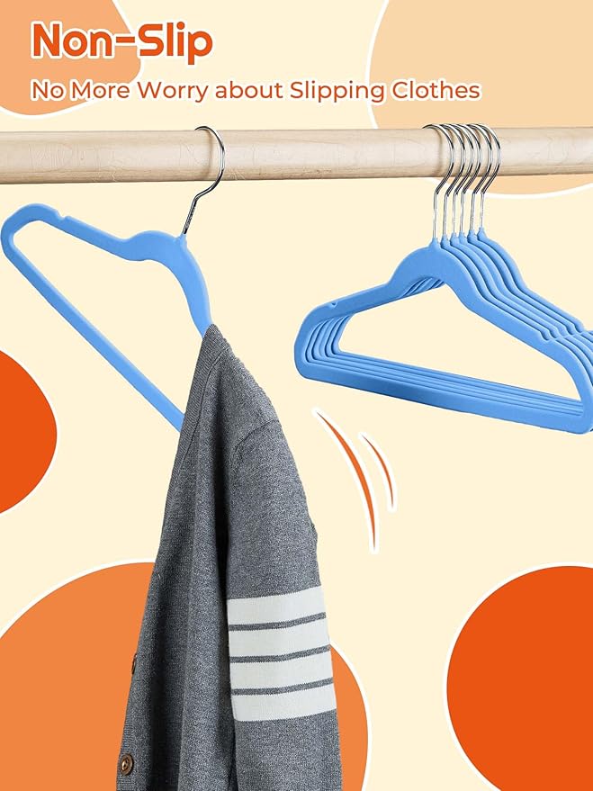 HOUSE DAY 14 Inch Kids Velvet Hangers 50 Pack, Durable Big Kids Hanger for Youth, Non Slip Kid Felt Hangers, Cute Childrens Hanger for Closet, Blue