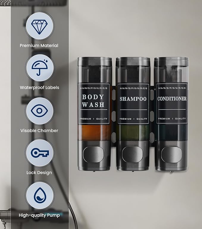 Shower Soap Dispenser Wall Mounted No Drill Shampoo Dispenser for Shower Wall Shampoo and Conditioner Dispenser Bathroom Hotel 3 * 300ml Gungray with Labels
