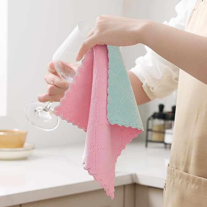 Homaxy 12 Pack Kitchen Cloths Dish Towels (10" x 10", Dark Green & Pink), Super Soft and Absorbent Dish Cloths, Coral Velvet Microfiber Cleaning Cloth, Nonstick Oil Fast Dry Dishcloths