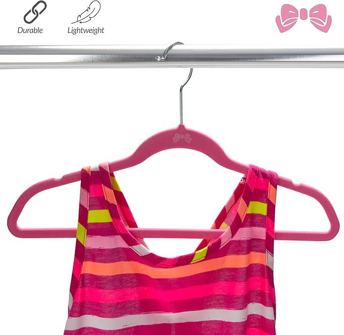 Simplify 25 Pack Kids Velvet Hangers | Slim | Non-Slip Design | Space Saving | Childrens Clothes | Shirts | Pants | Dresses | Baby Nursery | Closet Storage & Organization | Pink