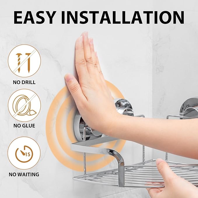 LEVERLOC 2 Pack Powerful Suction Cup Corner Shower Caddy, Stainless Steel Rustproof Shower Shelf with Hooks, Drill-Free Wall Mounted Bathroom Organizer, Large Capacity Removable Suction Basket, Silver