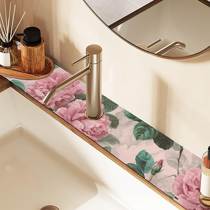 Kitchen Sink Splash Guard 1 PC 14.7 Inch Sink Faucet Mat Splash Guard for Bathroom Countertop Water Absorbent Foldable Cuttable Soft Washable Pink Vintage Roses with Leaves