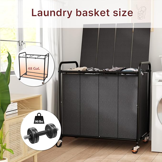 4-Compartment Laundry Cart with Lockable Wheels & Lid 180L Large Wheeled Laundry Basket Heavy-Duty Sorting Organizer for Laundry Room (Black)