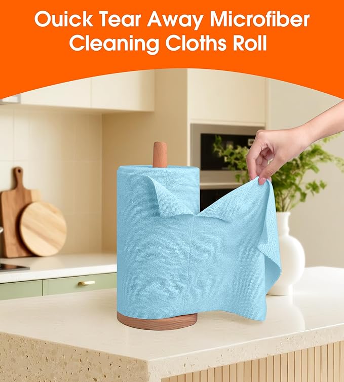 CHAUNCEY HOME Microfiber Cleaning Cloth Roll - 100 Pack Tear Away Microfiber Paper Towels, Reusable, Washable, Scratch-Free, Kitchen Towels for Car, Home, Kitchen, Glass, Dishes (Blue)