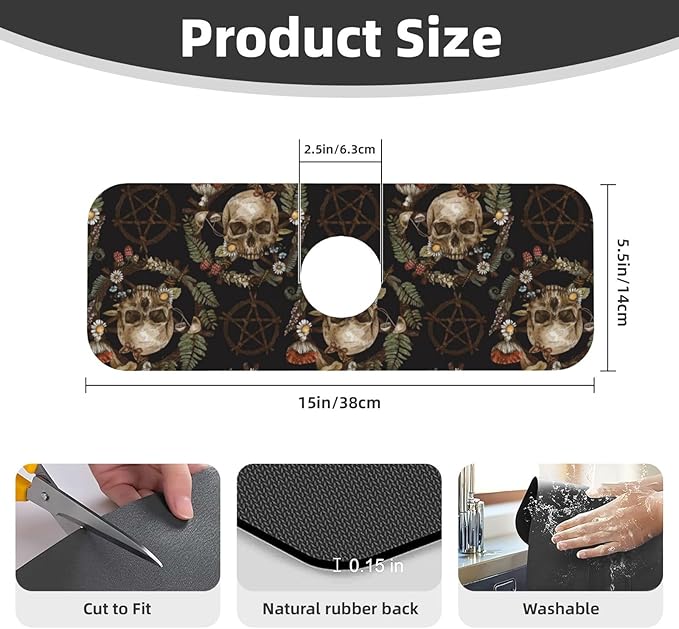 Wiccan Wicca Skull Mushroom Mushrooms Witchcraft Kitchen Sink Splash Guard Faucet Mat Super Absorbent Fast Drying Mat Sink Gadgets-Fast Drying Pad Sink Mat For Kitchen Bathroom (15" X 5.5" )