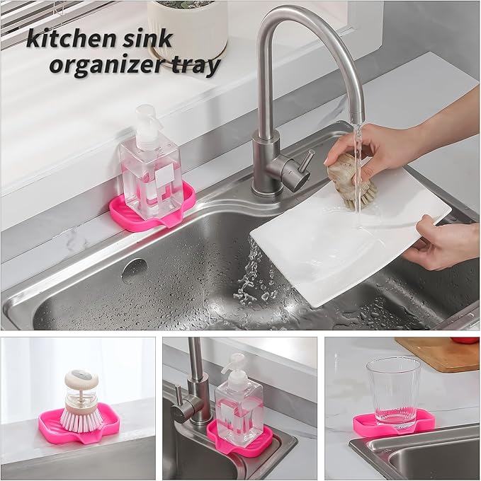 MicoYang Silicone Bathroom Soap Dishes with Drain Spout-Bathroom and Kitchen Sink Organizer,Sponge Holder,Dish Soap Tray,Perfect for Dispenser,Scrubber,Bottle,Cup on Sink or Counter-Rose 4.9"×3.2"