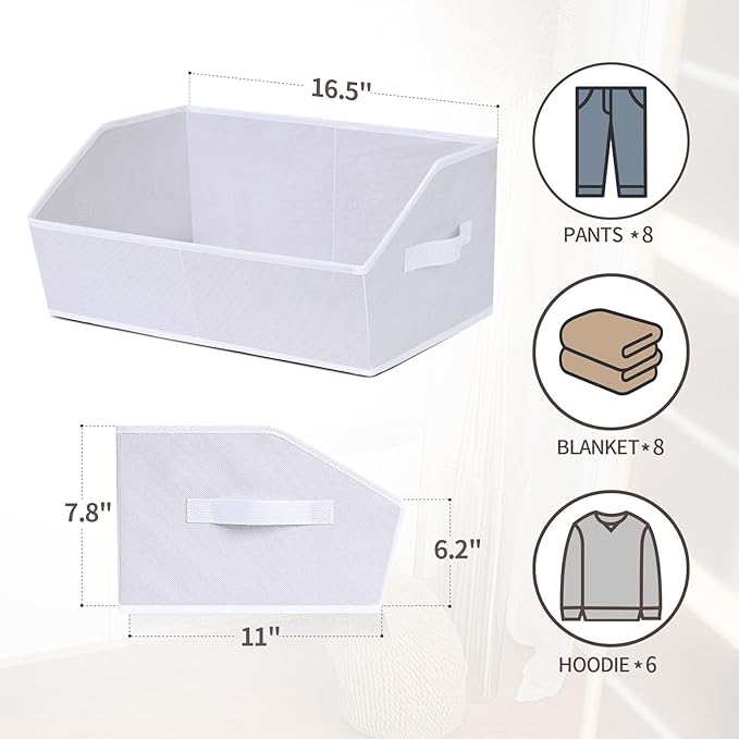 Fabric Bins for Organization - Trapezoid Storage Cubes, Large Baskets for Storage, 6 Pack Shelf Baskets, Closet Organizer Bins for Clothes, Books, Home, Office, White