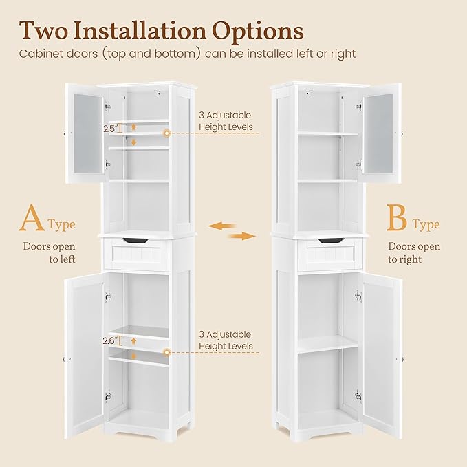 Yaheetech 67” Tall Bathroom Storage Cabinet,Narrow Floor Cabint with 2 Doors and 1 Drawer,Slim Bathroom Organizers,Adjustable Shelves,Storage Unit for Living Room, Entryway,Kitchen,White
