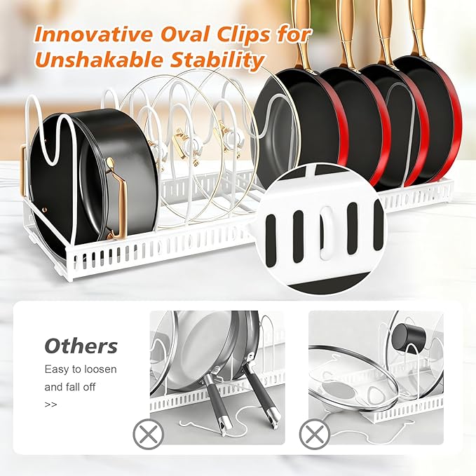 Expandable Pots and Pans Organizer Rack for Under-Cabinet Storage - Adjustable Kitchen Cabinet Organizer with 13 Dividers, Cutting Board Holder & 6 Non-Slip Silicone Pads-White