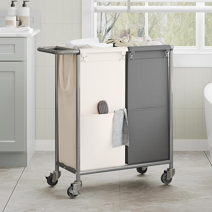 Heybly Laundry Basket, 2 x 18.5 Gal Laundry Separator Hamper with Heavy Duty Rolling Wheels, Divider Sorter with Removable Bags, Dirty Clothes Storage, 29.1 x 15.4 x 33.1 Inches HLH021P02