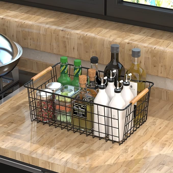 Wire Storage Baskets with Wooden Handles, 3 Pack Metal Organizer Baskets for Kitchen, Pantry, Freezer, Laundry,Farmhouse,Bathroom Baskets for Organizing,Black (1 Small, 1 Medium, 1 Large)