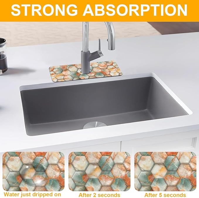2 Pack Hexagon Marble Sink Splash Guard Faucet Mat Gold Glitter Lines Marble Super Absorbent Fast Drying Mat Sink Gadgets-Splash Guard Behind Faucet Drip Catcher for Kitchen Bathroom, 15.5"x5.5"