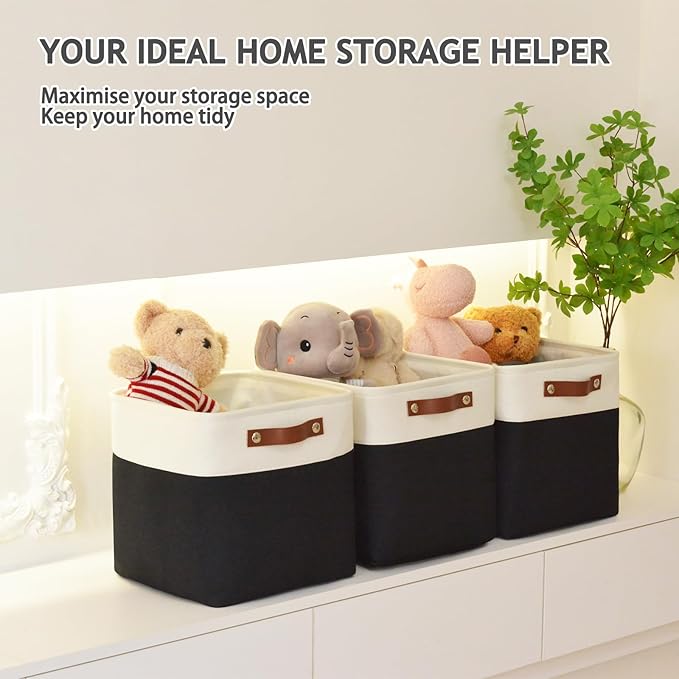 13 Inch Cube Storage Bins,Set of 4, Foldable Storage Basket with PU Handles for Organizing Home, Closet, Laundry, Office, Organizers for Shelves(White/Black)