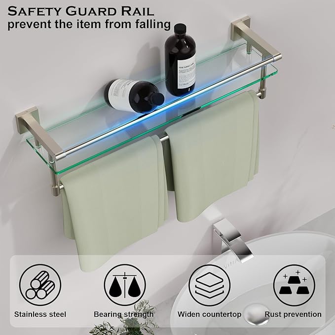 SFGSOWOR 24-Inch Modern Wall-Mounted Bathroom Glass Shelf with 1 Shelf, Brushed Nickel, 1 Towel Bar, 45 lbs Weight Capacity