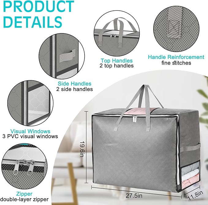 8Pack 105L Extra Large Blanket Comforter Storage Bags, Foldable Storage Bags for King Comforter Bedding Pillow Sheet Clothes with Handles Zippers Clear Window Closet Organizers and Storages, Grey