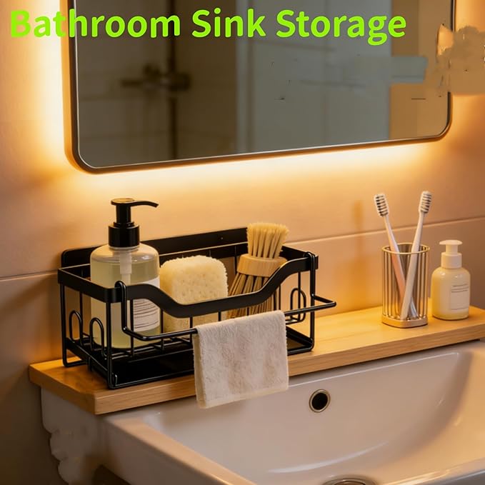 Kitchen Sink Organizer Stainless Steel Sponge Holder with Automatic Drainage Tray and Detachable Rag Rack
