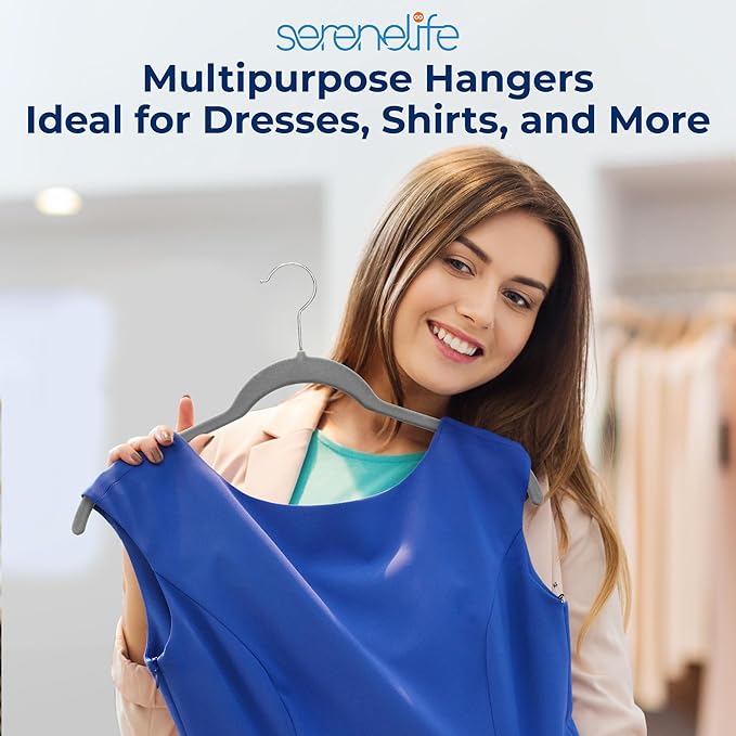 SereneLife 100 Pack Shirt Hangers, Heavy Duty Non-Slip Velvet Hangers with 360° Swivel Hooks, Slim Space-Saving Design for Tops, Jackets, Blouses, & Strappy Dresses (Gray)