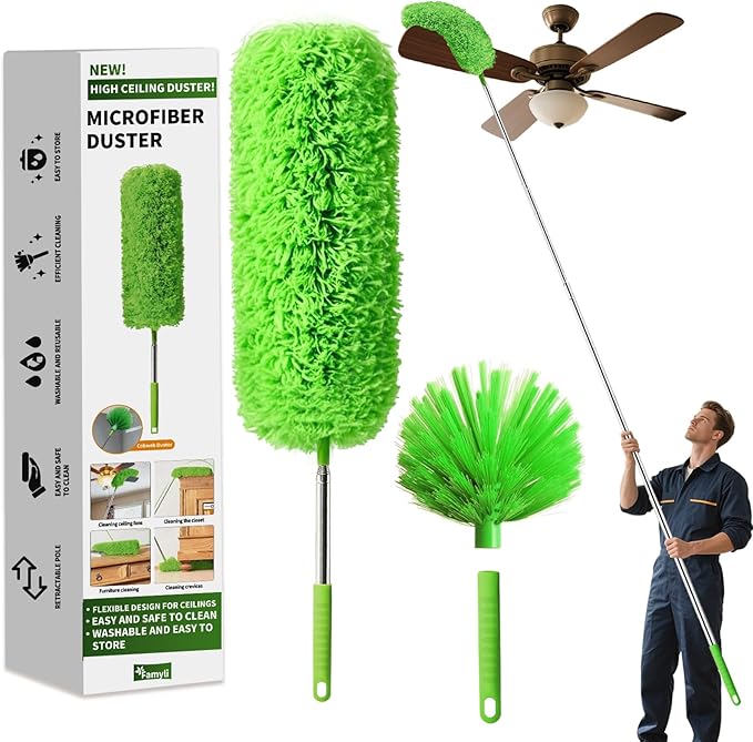 Cobweb Duster with Extension Pole, Washable Cleaning Duster Set with 2 Duster Heads, Corner Brush, 15-110-Inch Telescoping Pole for high Ceiling Fans, Long Duster for high Ceilings，Spider Web Brush