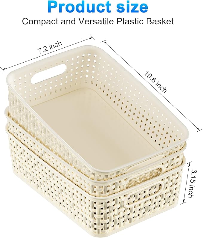 White Plastic Basket, 8 Pack Home Organization and Storage Baskets with Handles, Space Saving Woven Organizer Bins Plastic Storage Basket for Organizing Cabinets,Closets, Shelves, Countertops