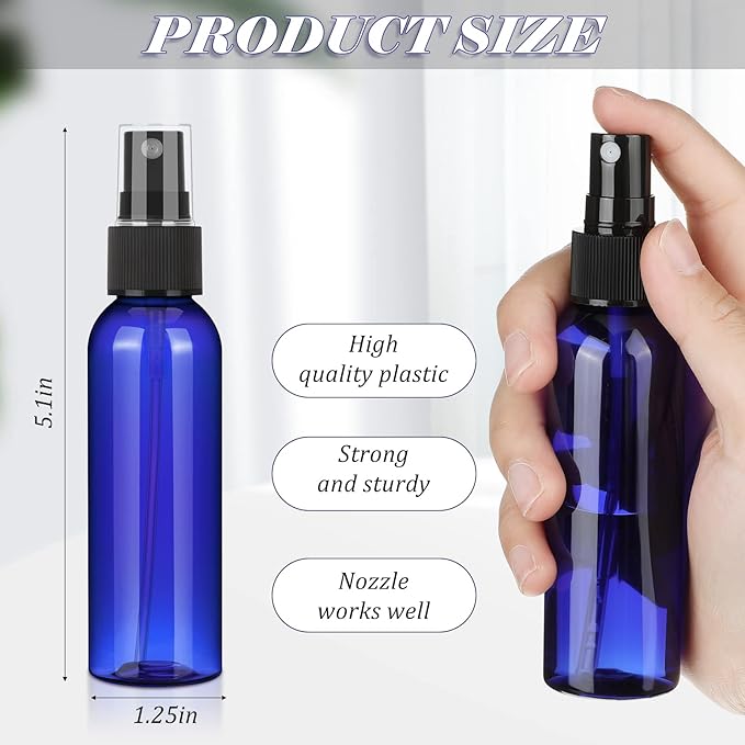 Nuogo 100 Pack 2 Oz Plastic Spray Bottles Reusable Mini Travel Size Perfume Refillable Mist Sprayer Empty Spritz Bottle for Household Use Essential Oil Cleaning(Blue)