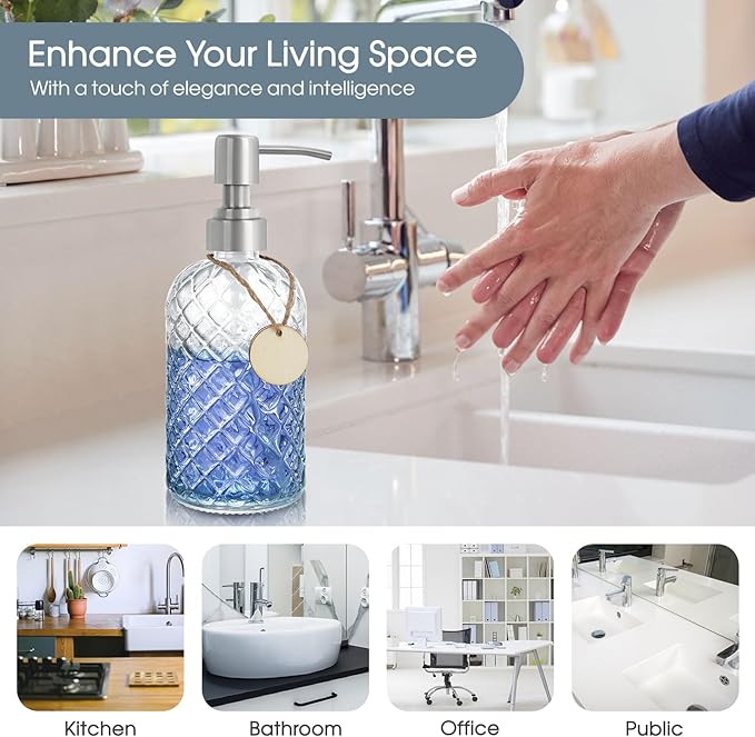 2 Pack Gem-Patterned Glass Soap Dispenser with Rust Proof Stainless Steel Pump-13 oz Liquid Hand Soap Dispenser for Kitchen & Bathroom,Great for Lotions, Essential Oil, Liquid Soaps-Clear