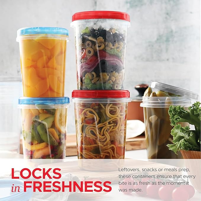 Tafura 15 Pack Leakproof Freezer Containers for Food with Twist Top Lids - 32 Oz BPA Free - Black/Blue/Red Lids
