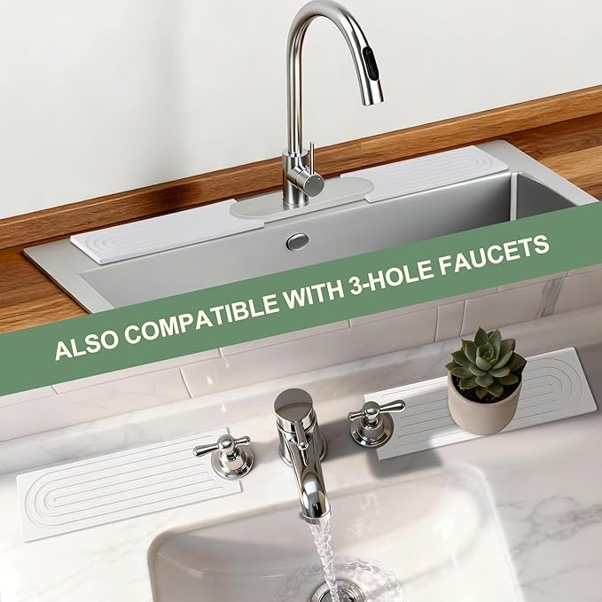 Meiliweser Faucet Mat for Kitchen Sink, Diatomite Quick Drying Stone Mat & Sink Protector, 15.8" x 4" Kitchen Sink Splash Guard, Absorbing Stone Tray for Bathroom Counter (White)
