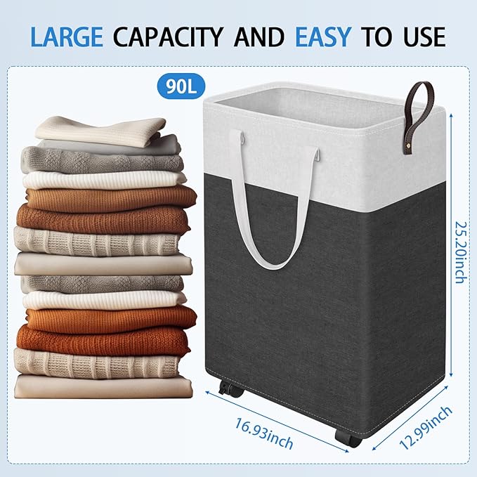 HomeHacks Laundry Basket with Wheels, Rolling Laundry Hamper, Collapsible & Waterproof Clothes Hamper, Narrow Corner Bins with Extended Handles in the Family & Dorm 90L(Grey)
