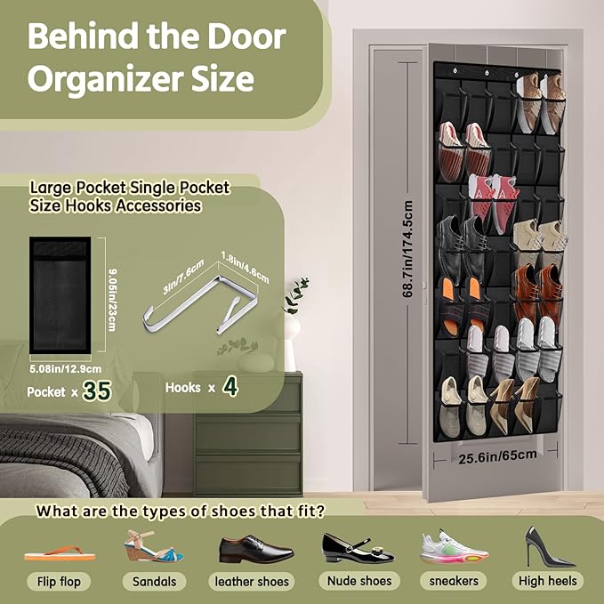 PAULONE 35 Pocket Over the Door Shoe Organizer,Reusable Breathable Large Mesh Bag Men's & Women's Sneaker Organizer,Shoe Organizer for Kids,Hanging Shoe Storage Hanging Bag (Black)