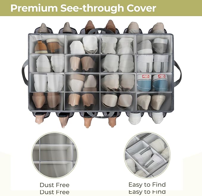 Shoe Organizer for Closet, Shoe Storage Solution with Clear Cover & Adjustable Dividers, Fabric Shoe Box Fits 16 +12 Pairs Shoes, Grey, 2-Pack