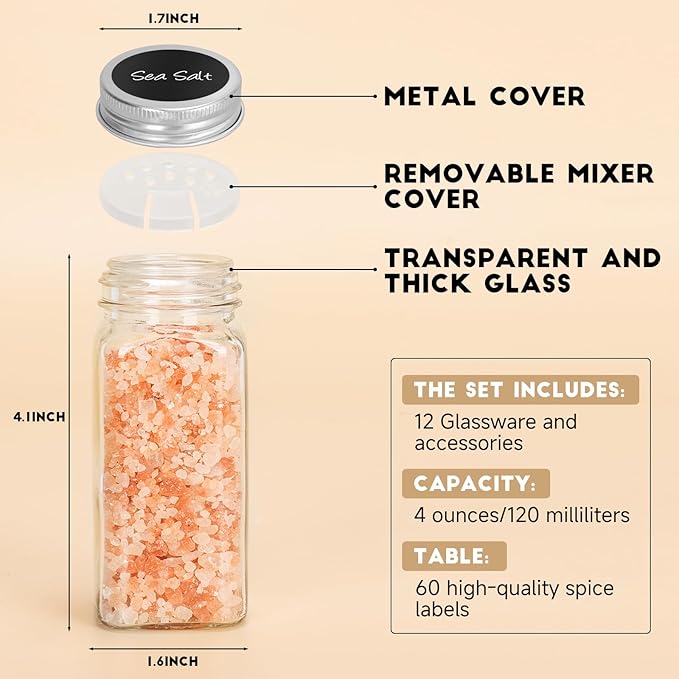 24Pcs Spice Jars with Label, 4oz Empty Square Seasoning Containers, Spice Jars with Shaker Lids, Small Spice Bottles for Salt, Herbs, Sugar, Pepper, Seasoning Jars for Spice Rack, Cabinet, or Drawer