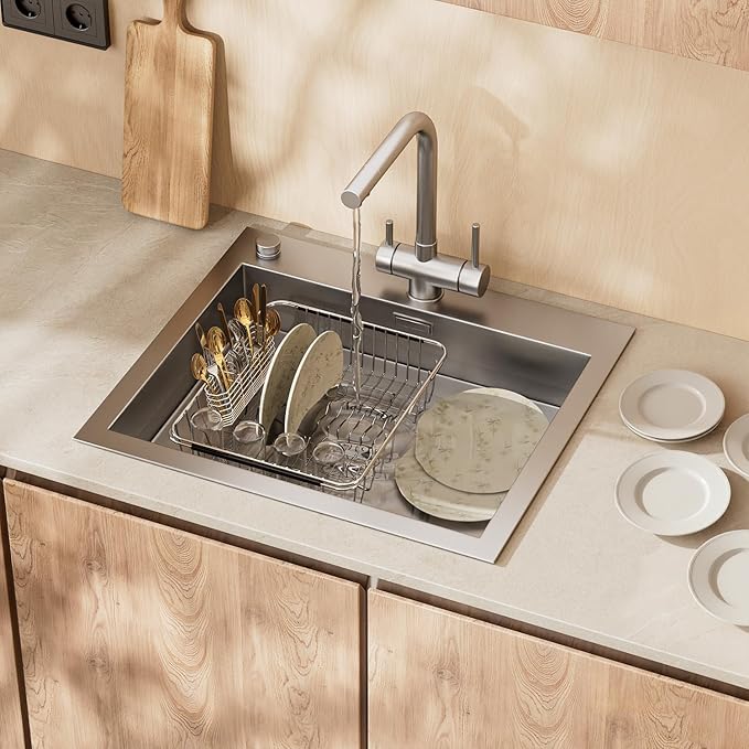 JAQ Dish Drying Rack in-Sink, 304 Stainless Steel Dish Drainer with Stainless Steel Silverware Holder Over Inside Sink-Adjustable 15.08" to 22.4" Maximium 13 Upright Dishes