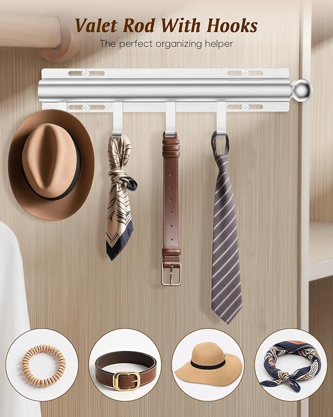 Valet Rod for Closets, 12" Valet Rod With 4 Hooks, Closet Organizer Slide Out Clothing Hanger Rods Extender Perfect for Suits,Dresses,Belt,Tie, Polished Chrome