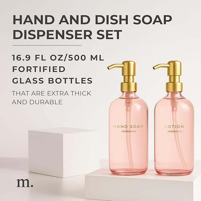 MaisoNovo Soap Dispenser 2-Piece Set | 16.9oz Pink Bottles with Gold Stainless Steel Pump Core