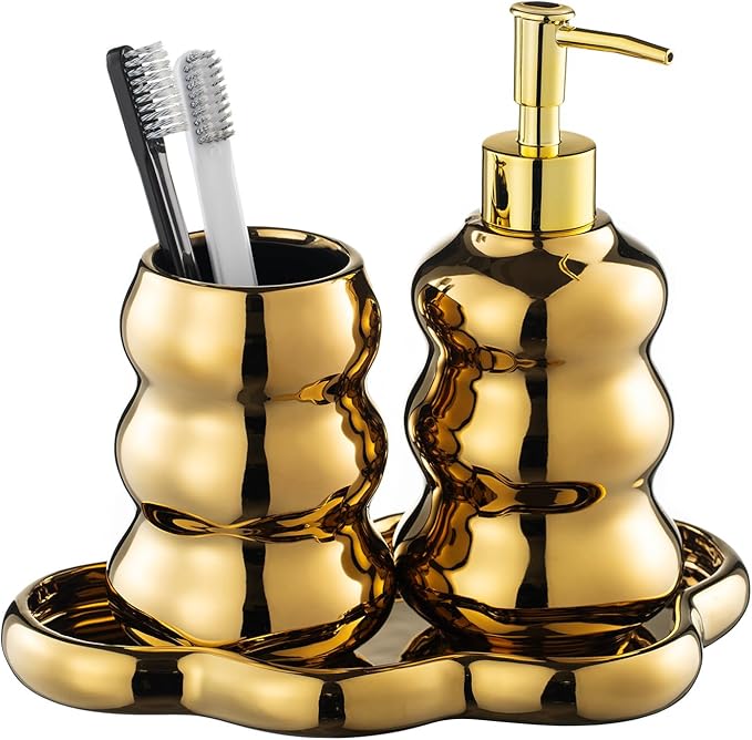 Gold Bathroom Accessory Set, 3-Piece Gold Ceramic Bath Accessories Set with Tray, Lotion Dispenser, and Tumbler for Luxurious Bathroom Decor