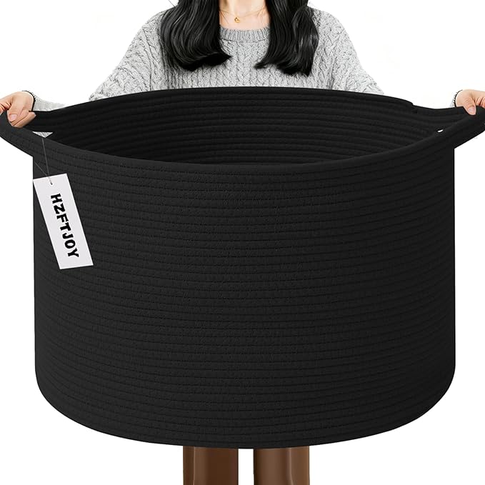 115L Large Blanket Basket,23.6" L x 23.6" W x 15.7" H Rope Woven Baskets with Handles, Toys Storage Bins,Laundry Basket Perfect for Living Room, Nursery,Bedroom,Home Organization,Black
