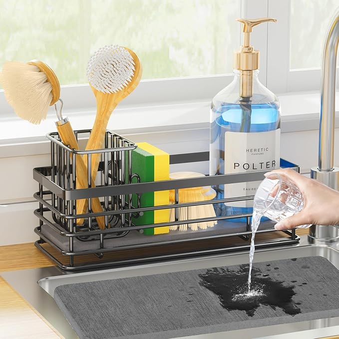 Yofidra Sponge Holder for Kitchen Organizer: Sink Caddy with Instant Drying Stone, Metal Stainless Steel, 9.5" X 3.5" X 5.2" Home Decor Storage and Organization Accessories