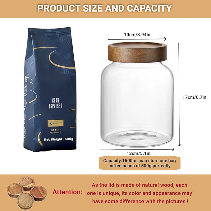 50 Fl oz/1500 ml Clear Glass Jar with Airtight Wooden Screw Lid, Glass Pantry Canister for 500g Coffee Beans, Kitchen Food Storage Containers for Rice,Flour,Pasta,Sugar,Honey,Tea, Spice,Cereal